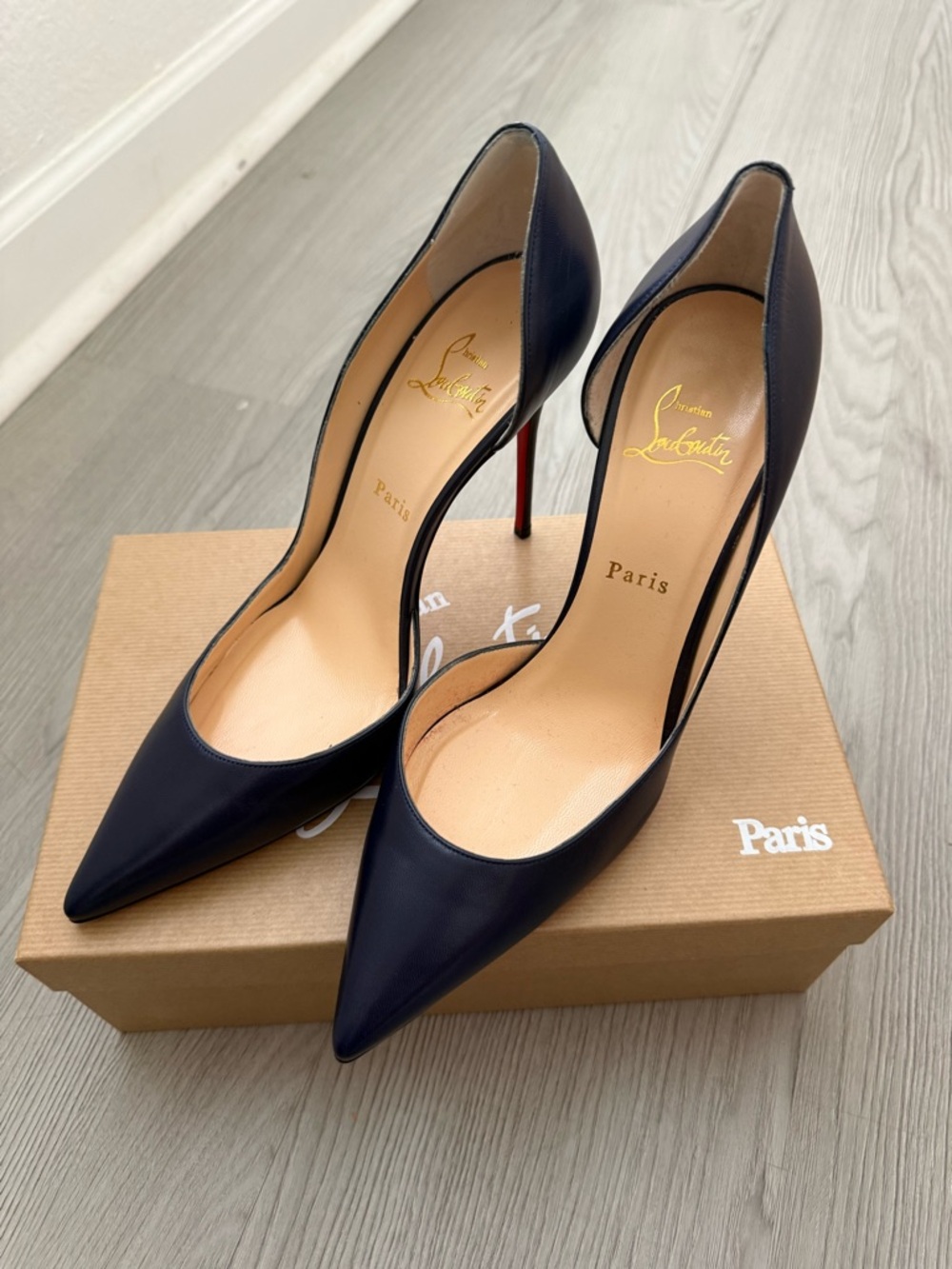 Christian Louboutin Navy Leather Pointed Pump with Red Sole